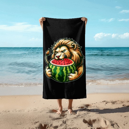 Lion Enjoying a Juicy Watermelon Beach Towels