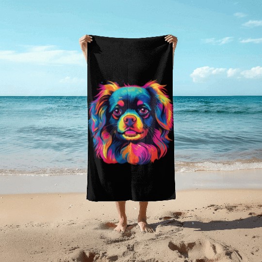 Watercolor Colorful Tibetan Spaniel Beach Towels