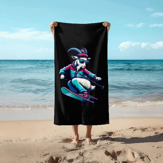 Funny Goat Skiing Down The Snowy Slopes Beach Towels