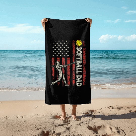 Softball Dad US Flag Gifts For Dad Men Patriotic Beach Towels