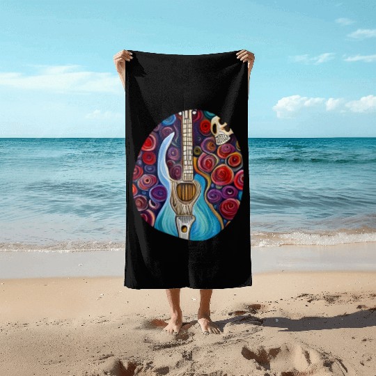 Blue Electric Guitar, Skull and Roses Beach Towels