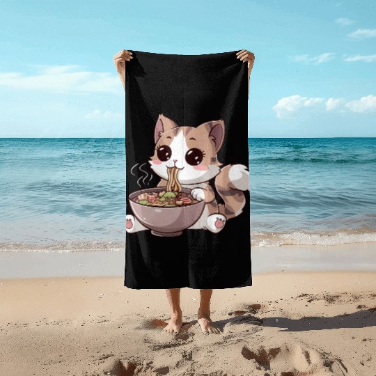 Kawaii Cat Eating Ramen Beach Towels