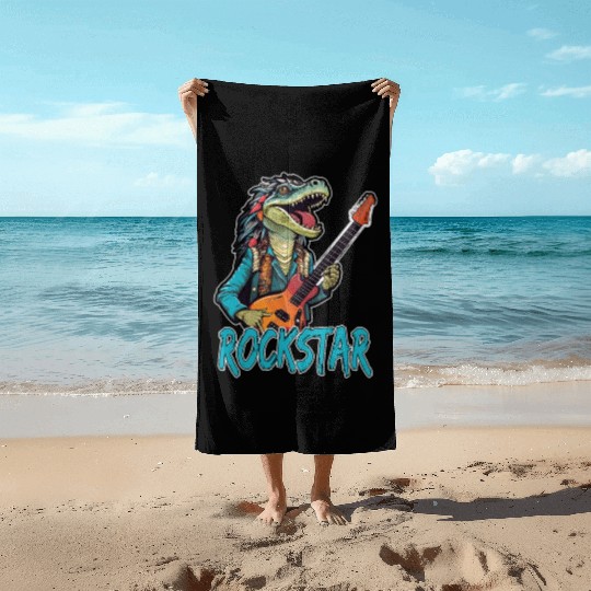 Rockstar Reptile Musician with Electric Guitar Beach Towels