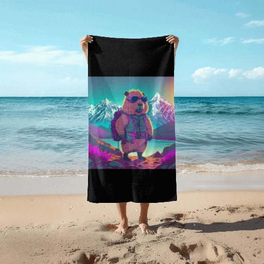 Capybara hiking thru the Mountains Beach Towels