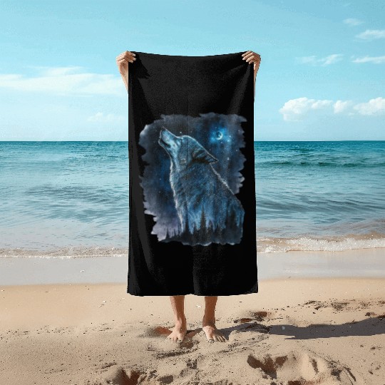 Wolf Print, Cosmic Wolves, Animal Print, Cosmos Beach Towels