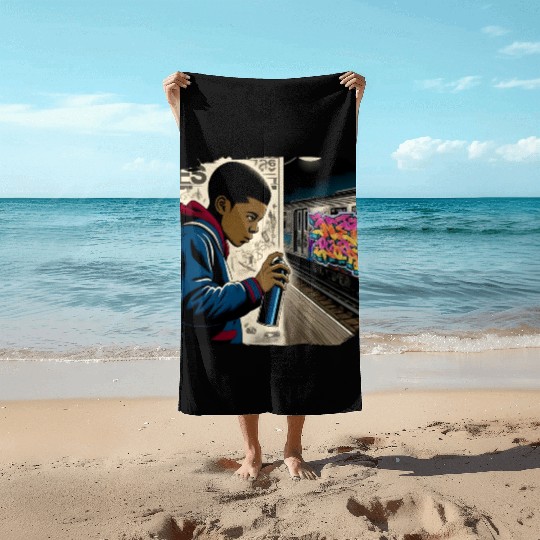 AI Teen in Underground Subway Layup -Masked Border Beach Towels