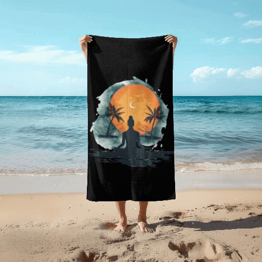 Tropical Sunset Meditation Silhouette Beach Towels