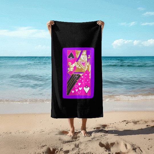 Purple Queen Of Spades Playing Card Beach Towels