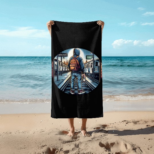 AI Teen in Outdoor Subway Yard - Circle Border Beach Towels