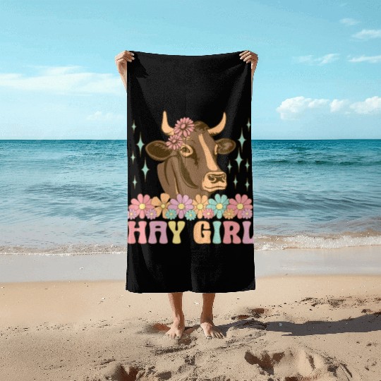 Hay Girl Groovy Cow Cattle Heifer Cowgirl Beach Towels