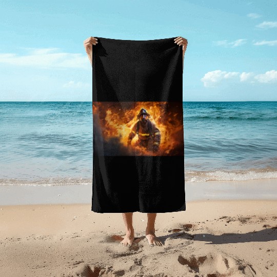 Firefighter in burning fire - Fire fighter head we Beach Towels