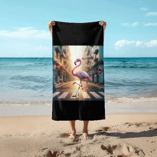 A beautiful flamingo is listening to music. Beach Towels