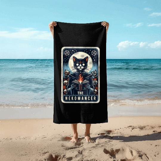 The Nekomancer Funny Tarot Necromancer Cat Pun Beach Towels