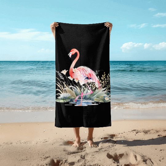 Serene Flamingo in Tranquil Lake Beach Towels