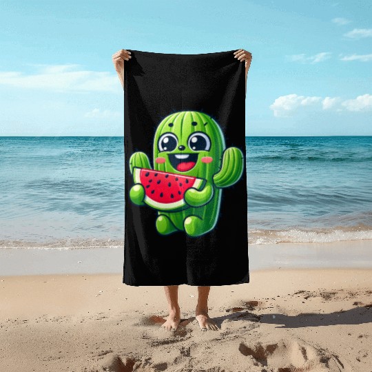 Cute Cactus Comic With Watermelon Fruity Beach Towels