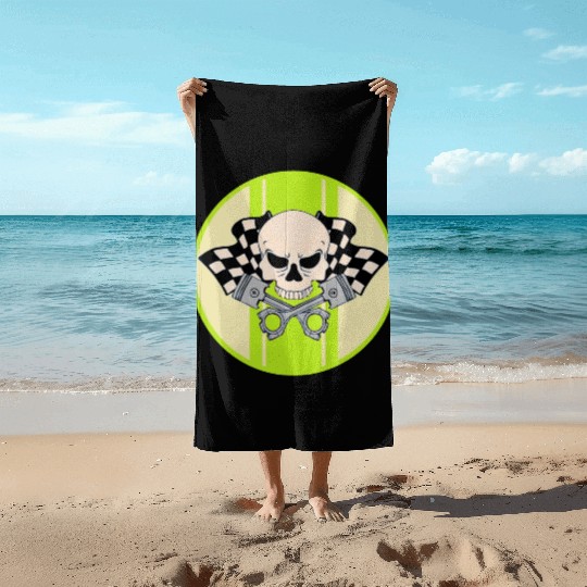 Light green racing stripe with skull and pistons Beach Towels