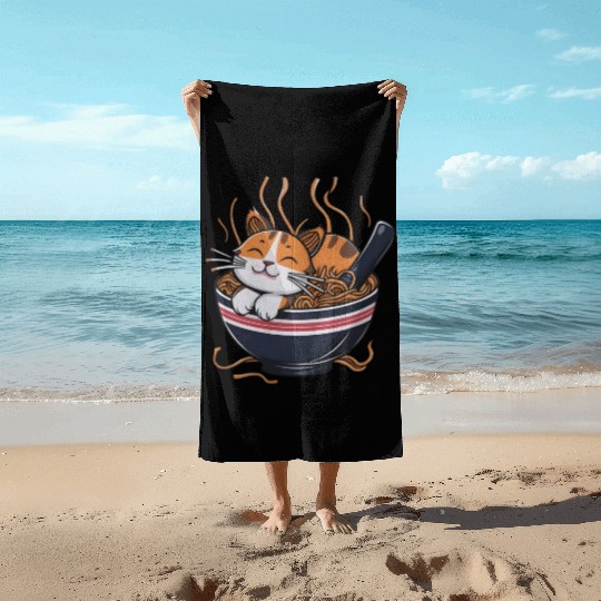 Kawaii Otaku cat Ramen Bowl Japanese Noodles Lover Beach Towels