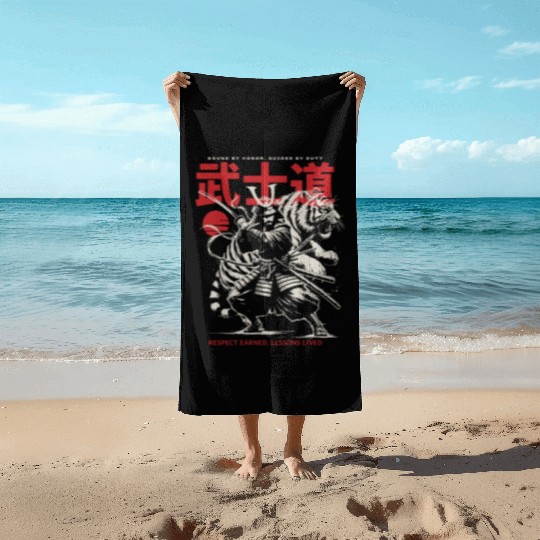Japanese Samurai with Katana, Kanji Typography Beach Towels