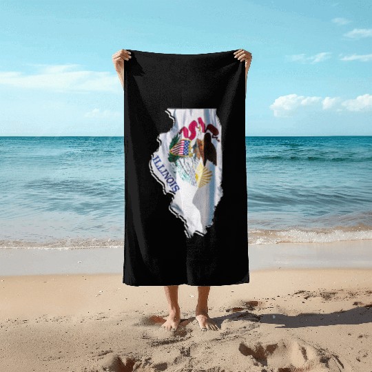 Illinois State Flag in Illinois State Map Beach Towels