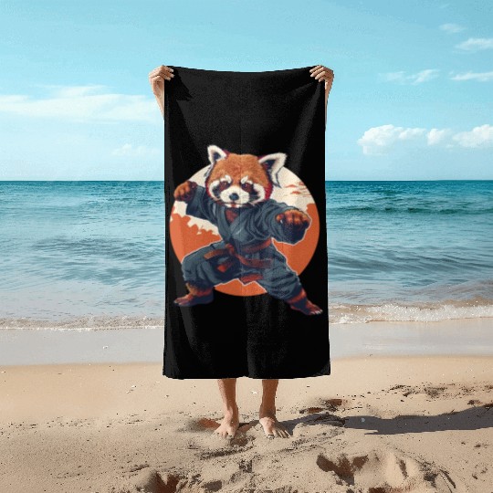Red panda karate fighting style Beach Towels