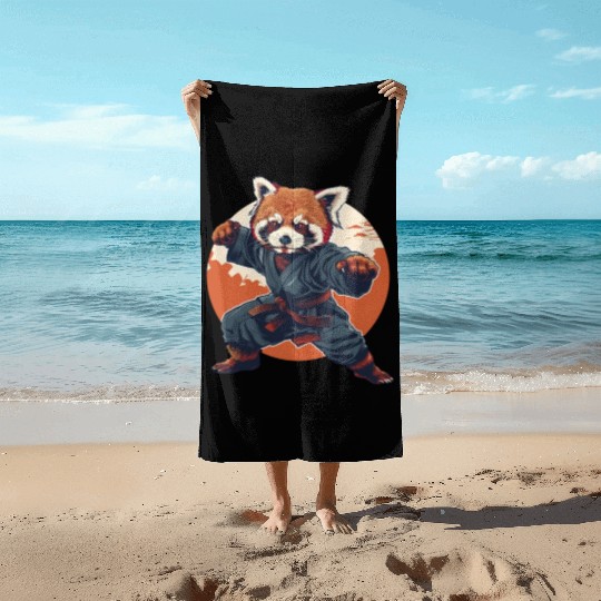 Red panda karate fighting style Beach Towels