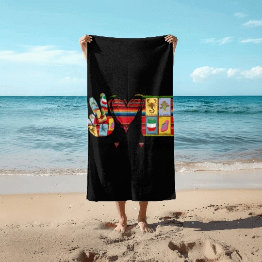 Peace Love Loteria Serape Mexican Bingo Card Beach Towels