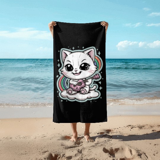 Cute White Cat Playing Guitar on Cloud - Rainbows Beach Towels