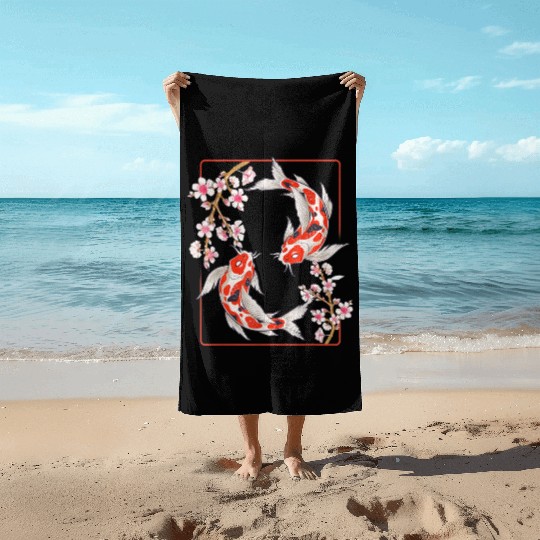 Japanese Koi Carp Fish Cherry Blossom Beach Towels