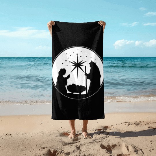 Nativity Scene Silhouette Christmas Market Vendor Beach Towels