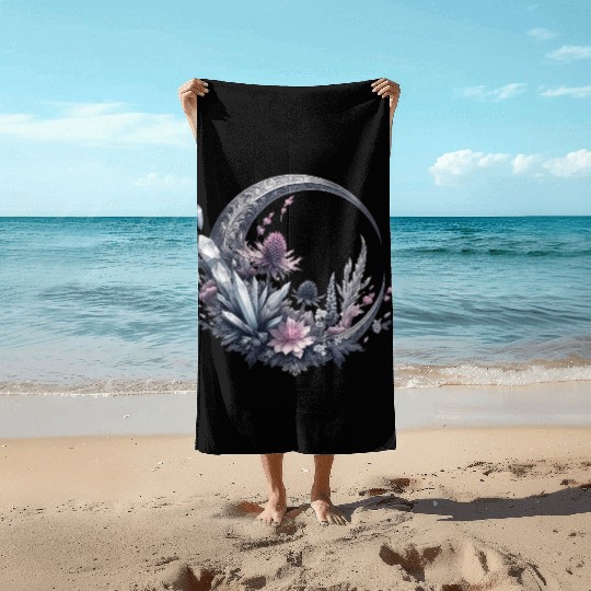 Crescent moon in silver, with crystals and flowers Beach Towels