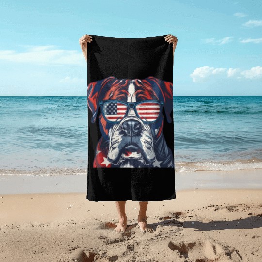 Boxer dog. American memorial day Beach Towels