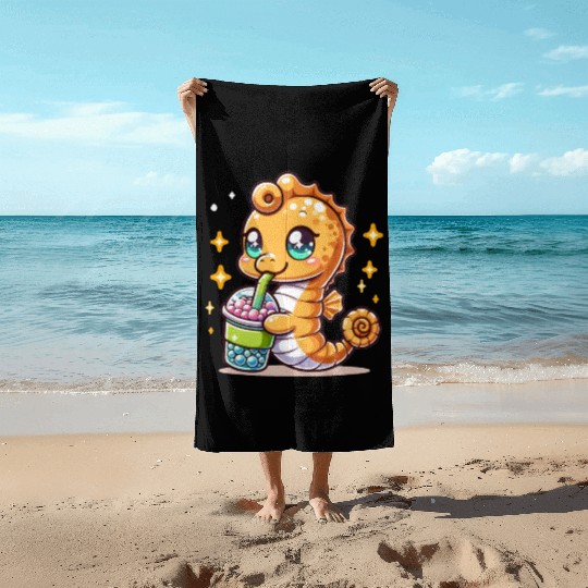 Kawaii Sea Horse Enjoys Bubble Tea Sea Animal Boba Beach Towels