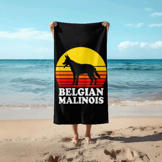 Retro Sunset Dog Silhouette Belgian Malinois Dog Beach Towels
