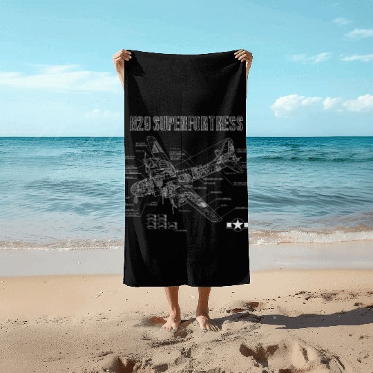 World War 2 Aircraft Blueprint WWII B29 Beach Towels