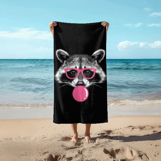 Raccoon Blows Bubblegum - Cute Bubblegum Raccoon Beach Towels