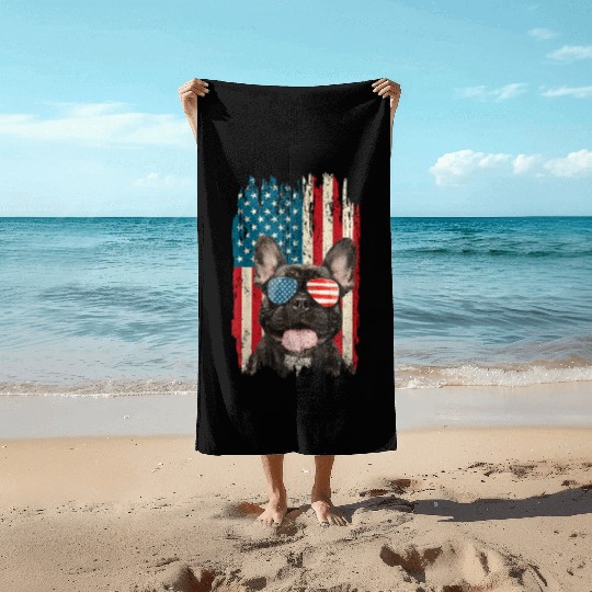 French Bulldog US Flag Retro 4th of July Dog Lover Beach Towels