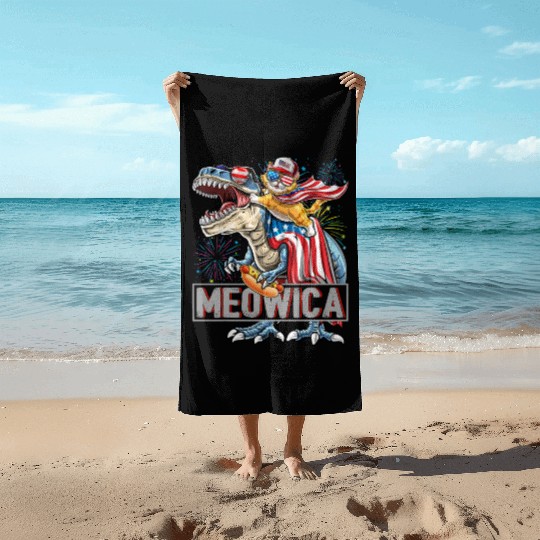 Meowica Cat T-Rex Dinosaur 4th of July US Flag Beach Towels