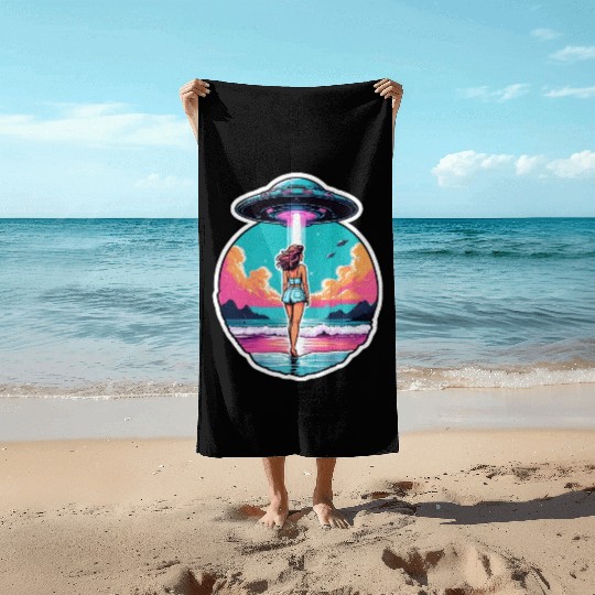 Woman at the shore walking towards a UFO. Beach Towels