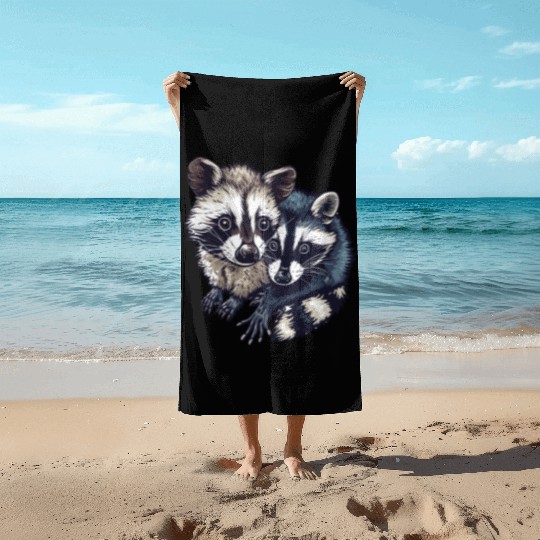Opossum and raccoon Beach Towels