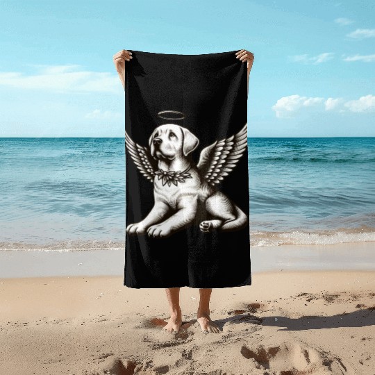 Labrador angel wings black white halo Beach Towels