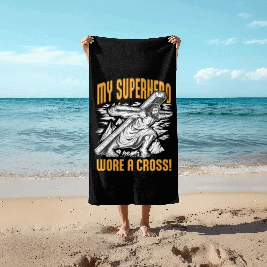 My Superhero Wore a Cross Inspirational Christian Beach Towels