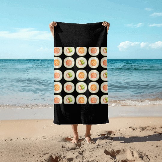 Watercolor illustration of sushi food pattern Beach Towels