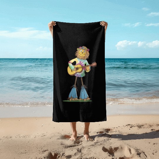 Hippie Scarecrow Playing Guitar Beach Towels