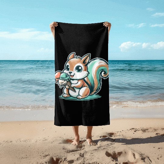 Cute cartoon squirrel with ice cream Beach Towels