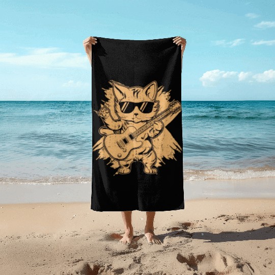 Metal Cat Plays Acoustic Guitar Rock Cute Kitten Beach Towels