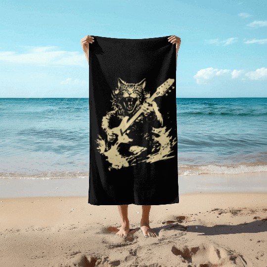 Meow Cat Playing Guitar Instruments Awesome Beach Towels