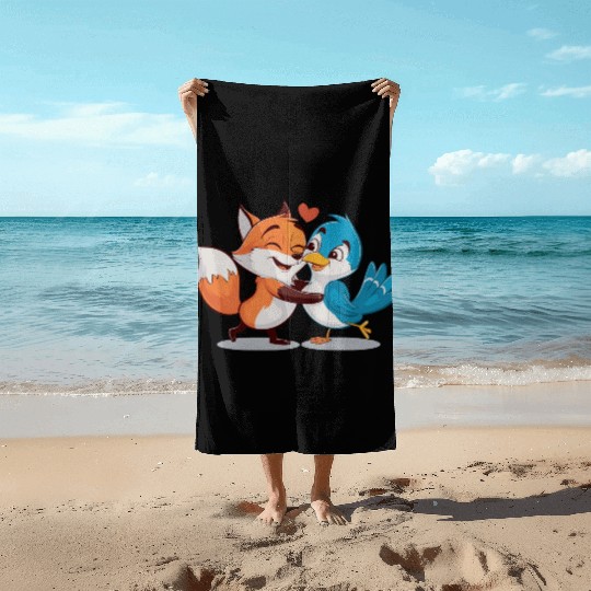 Cute Fox and Bird Love Beach Towels