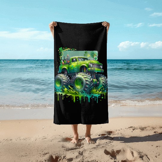 Monster Truck Shamrock Beach Towels