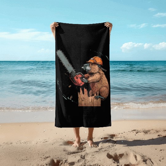 Beaver Lumberjack Chainsaw Beach Towels