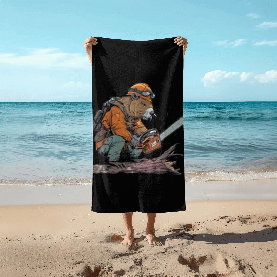 Beaver Lumberjack Chainsaw Beach Towels